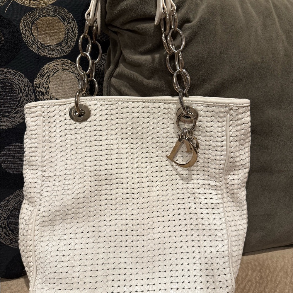 Dior White Shoulder Bag with Woven Texture and Metal Hardware
